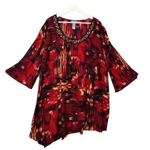 Catherines Abstract Maximalist Beaded Tunic Top Pleated Paint Stroke Women 4X